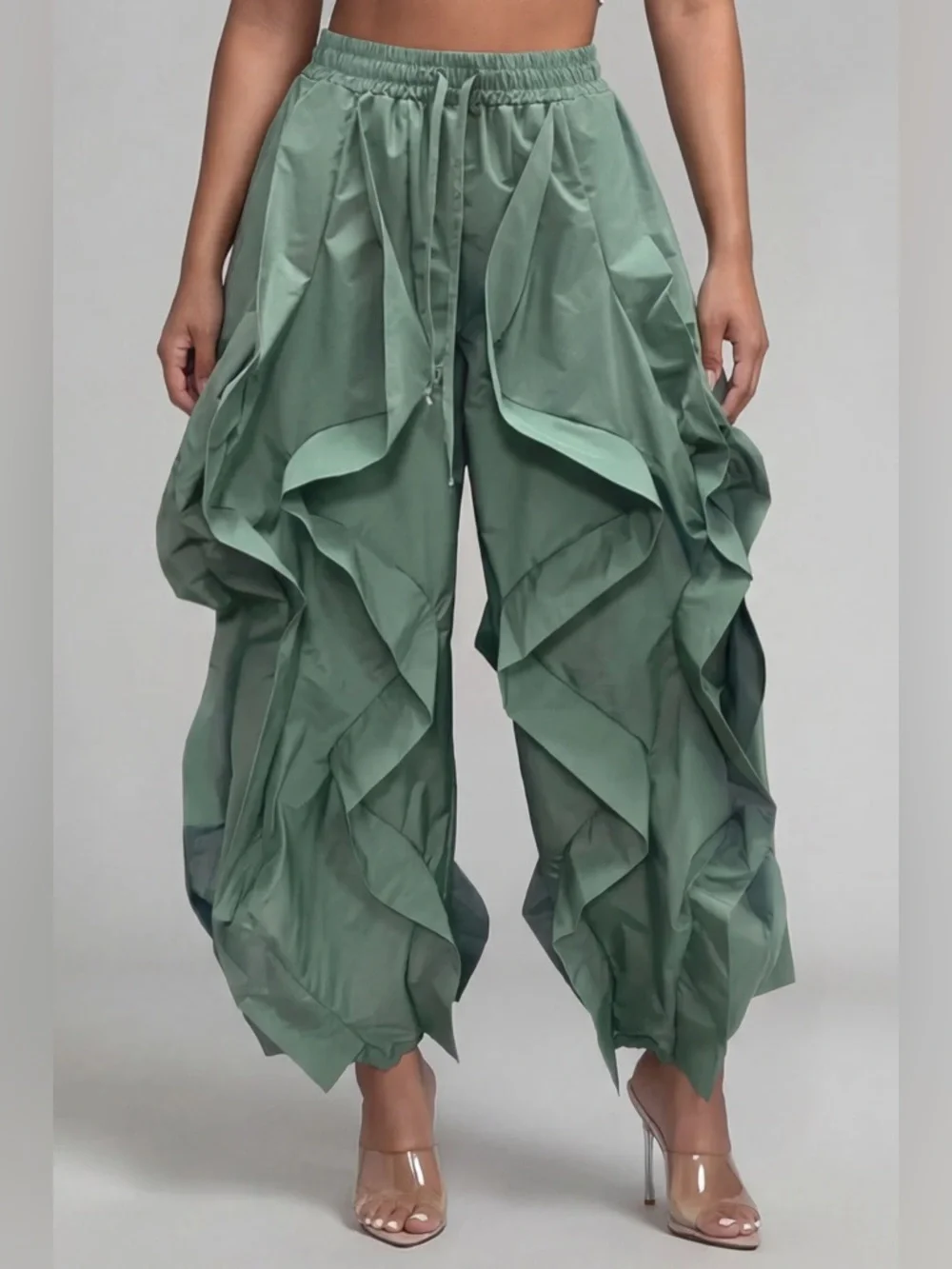 Yellow Ruffle Wide-Leg Wavy Drawstring Pants - Picture 15 of 16